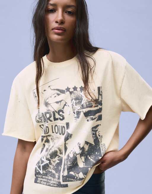Bershka t-shirt à manches courtes imprimé délavé beige, 4 de 5