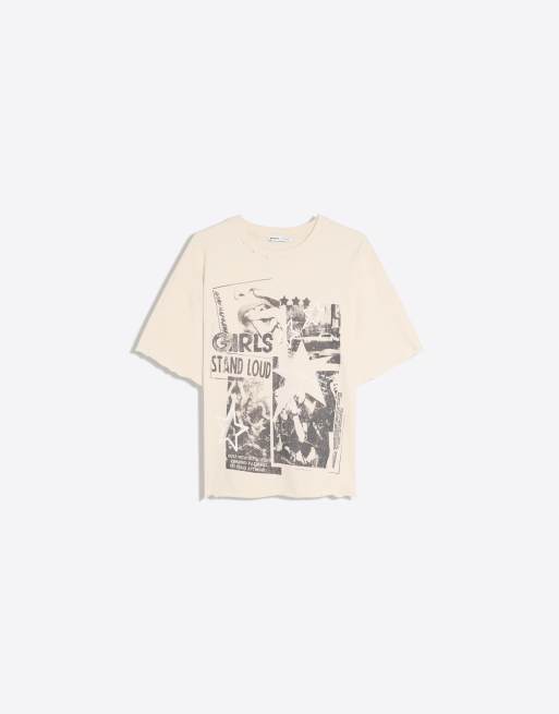 Bershka t-shirt à manches courtes imprimé délavé beige, 5 de 5