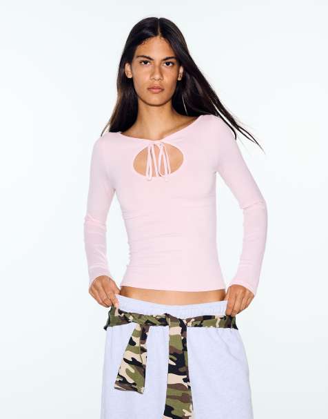 Bershka T-shirt à manches longues avec encolure à nouer rose - view 1