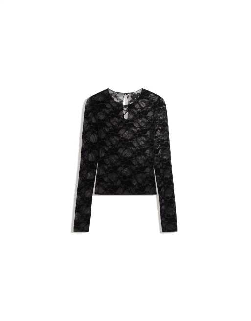 Bershka t-shirt à manches longues en dentelle noir, 2 de 2
