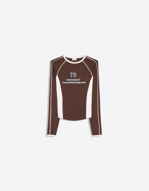 Bershka T-shirt à manches longues imprimé marron, 5 de 5