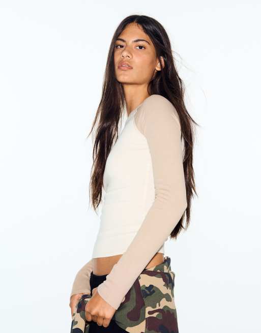 Bershka t-shirt à manches longues raglan beige, 2 de 5