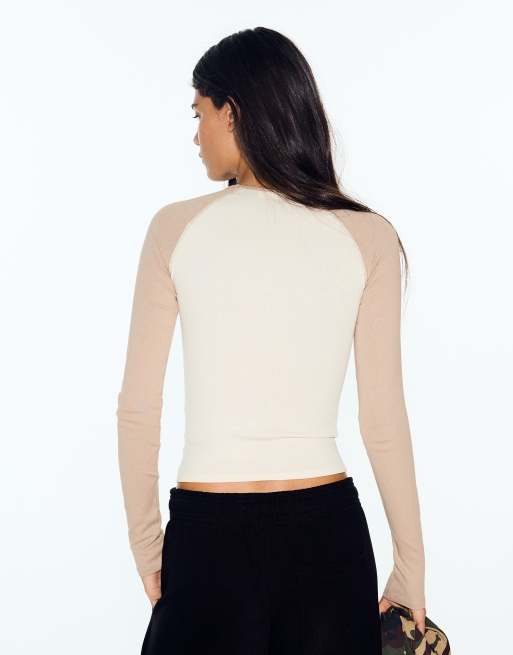 Bershka t-shirt à manches longues raglan beige, 3 de 5