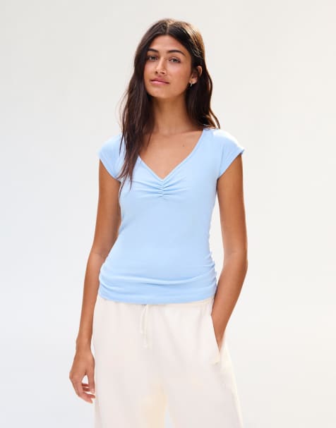Bershka T-shirt a maniche corte arricciata azzurro chiaro - view 1