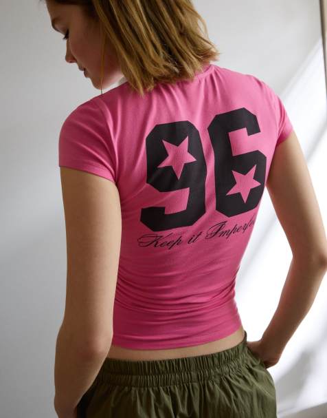 Bershka - T-shirt a maniche corte arricciata rosa con stampa - view 1