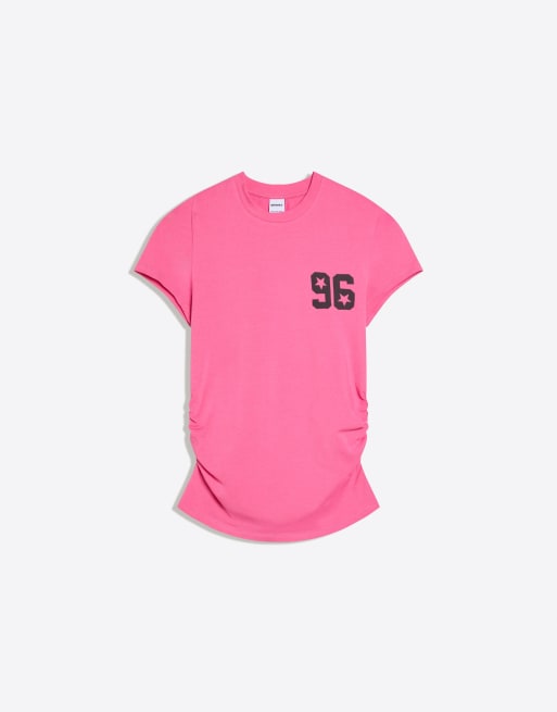 Bershka - T-shirt a maniche corte arricciata rosa con stampa, 4 di 4
