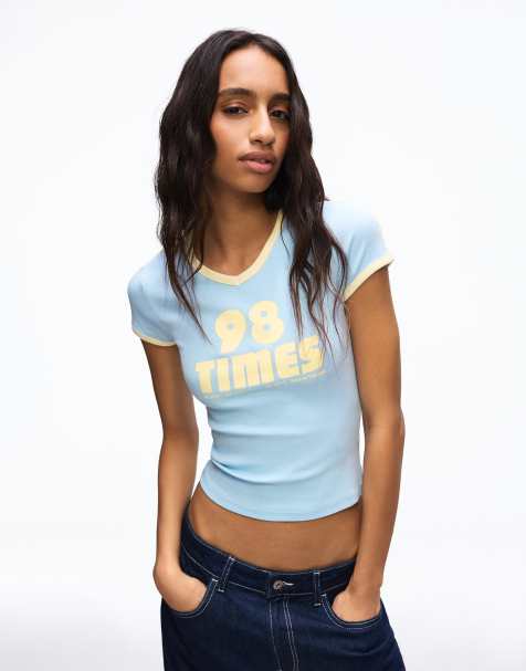 Bershka - T-shirt a maniche corte blu denim con stampa a contrasto - view 1