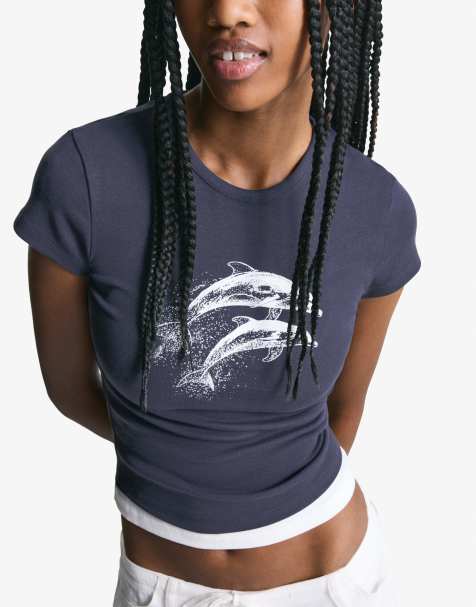 Bershka - T-shirt a maniche corte blu navy con stampa - view 1