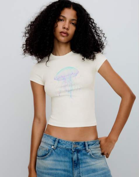 Bershka - T-shirt a maniche corte écru con paillettes - view 1