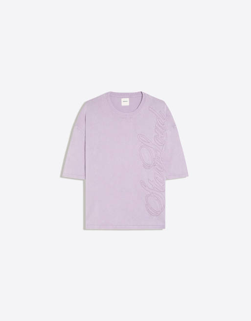 Bershka T-shirt a maniche corte effetto slavato ricamata viola, 5 di 6
