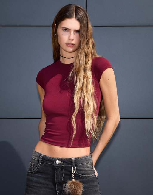 Bershka - T-shirt a maniche corte girocollo bordeaux