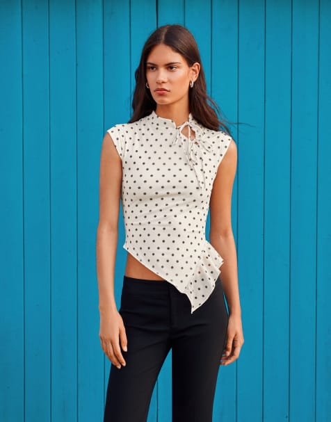 Bershka T-shirt a maniche corte in tulle a pois bianca - view 1