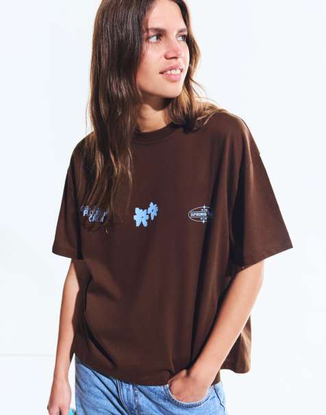 Bershka - T-shirt a maniche corte oversize marrone con stampa - view 1