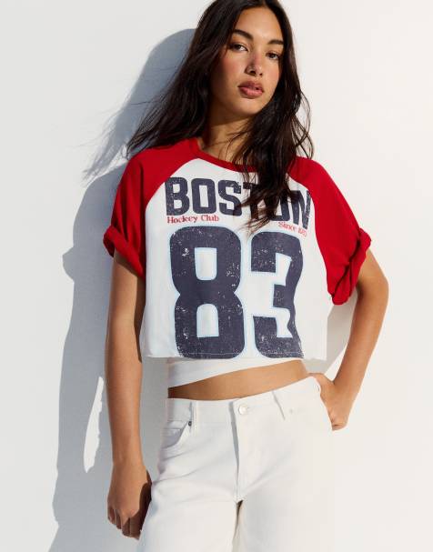 Bershka T-shirt a maniche corte raglan con stampa bianca - view 1