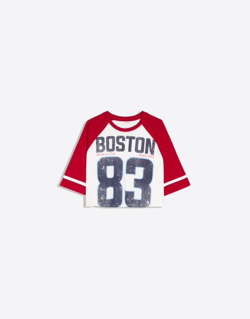 Bershka T-shirt a maniche corte raglan con stampa bianca, 5 di 5