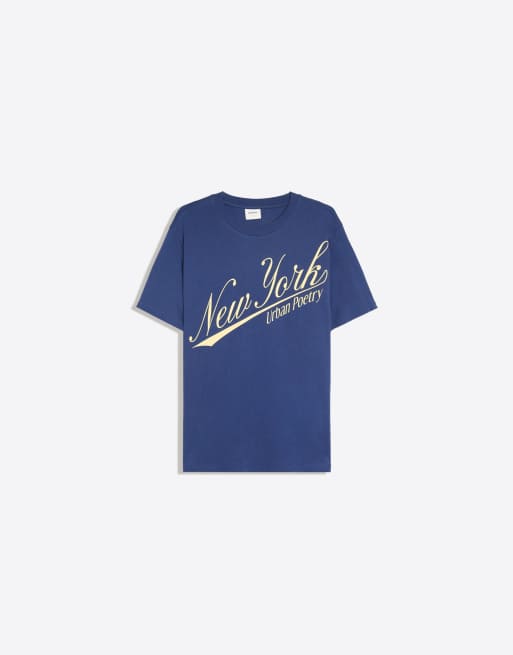 Bershka T-shirt a maniche corte regular con stampa blu, 5 di 6
