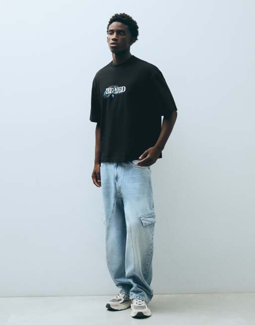 Bershka T-shirt a maniche corte relaxed fit con stampa nera, 3 di 6