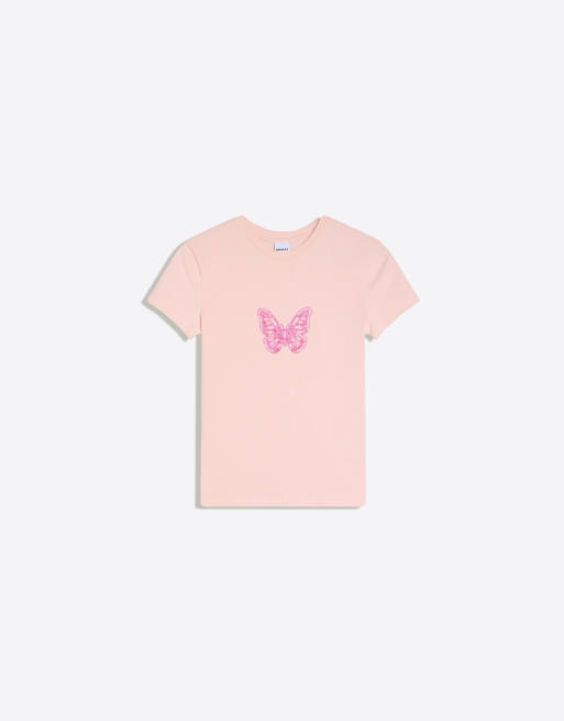 Bershka - T-shirt a maniche corte rosa con stampa e perline, 4 di 4