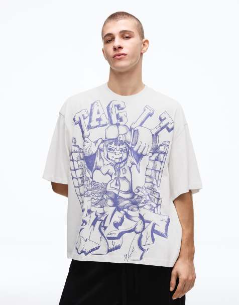 Bershka - T-shirt a maniche corte squadrata oversize beige con stampa - view 1