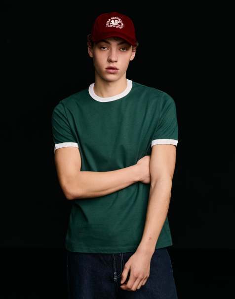 Bershka - T-shirt a maniche corte verde con dettagli a coste a contrasto - view 1