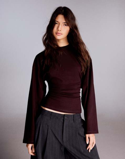 Bershka T-shirt a maniche lunghe arricciata bordeaux - view 1