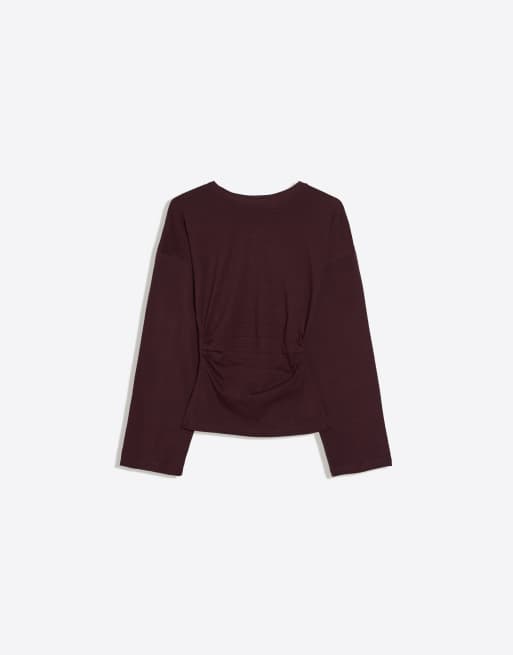 Bershka T-shirt a maniche lunghe arricciata bordeaux, 5 di 5