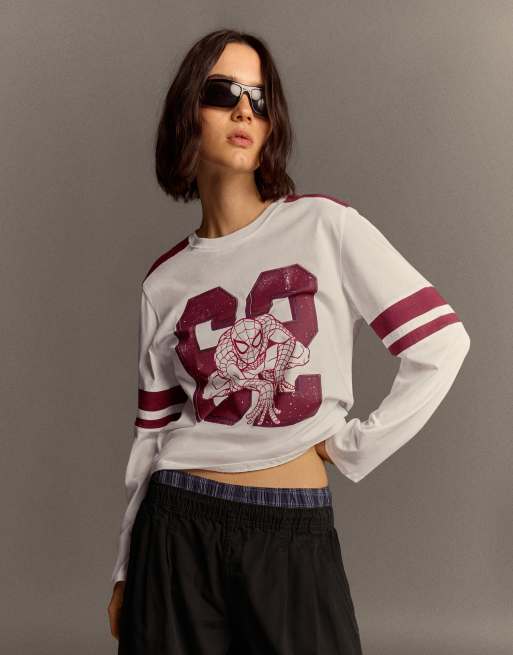 Bershka t-shirt a maniche lunghe bianca con stampa Spider-Man, 4 di 6