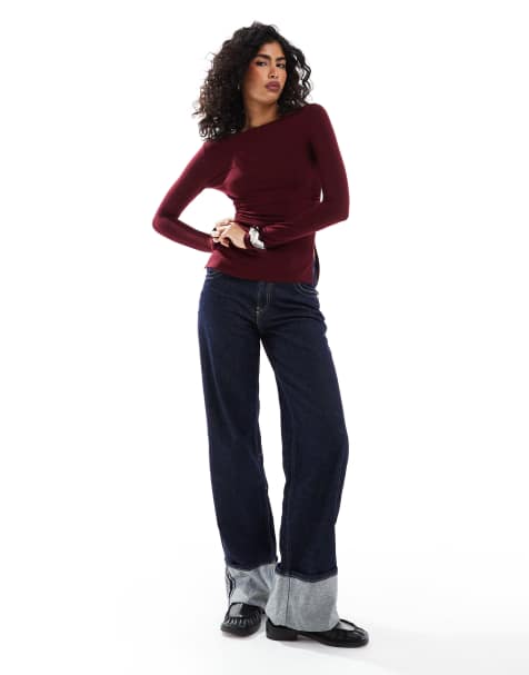 Bershka - T-shirt a maniche lunghe bordeaux con arricciatura laterale - view 1