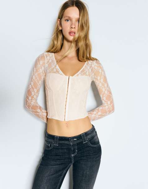 Bershka T-shirt a maniche lunghe con corsetto in pizzo color ecru - view 1