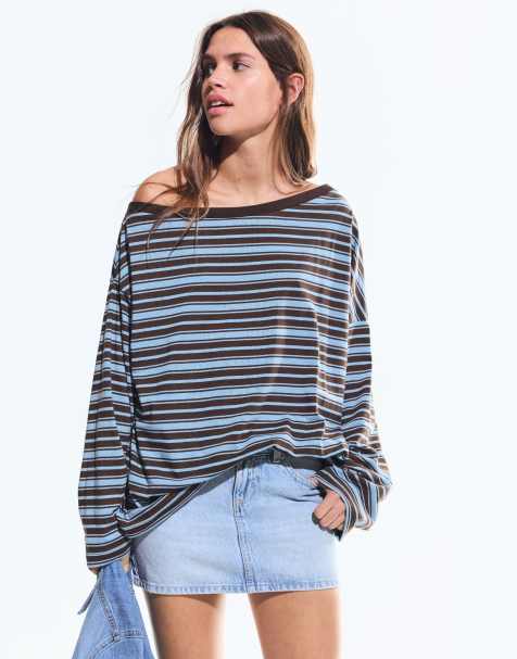 Bershka - T-shirt a maniche lunghe con scollo asimmetrico azzurra con stampa - view 1
