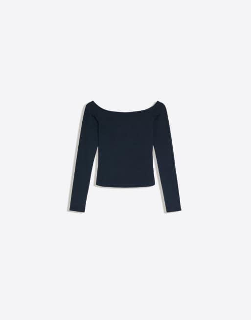 Bershka t-shirt a maniche lunghe con scollo Bardot navy, 4 di 5