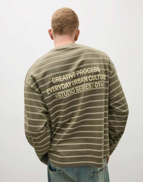 Bershka - T-shirt a maniche lunghe kaki con stampa a righe - view 1