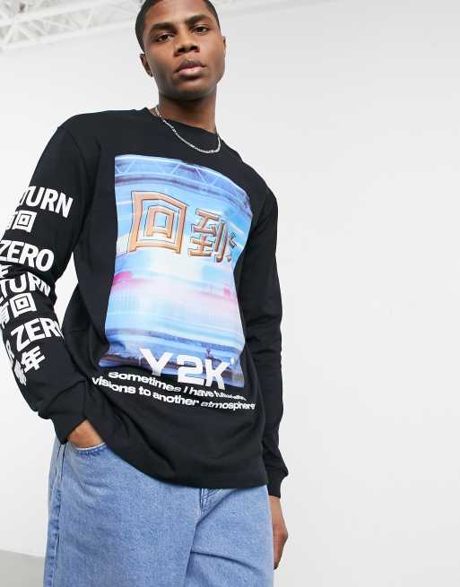Bershka - T-shirt a maniche lunghe nera con stampa sul petto