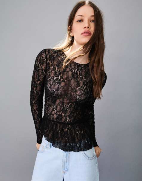 Bershka - T-shirt a maniche lunghe nera in pizzo con volant - view 1