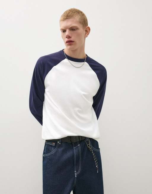 Bershka T-shirt a maniche lunghe raglan blu, 4 di 5