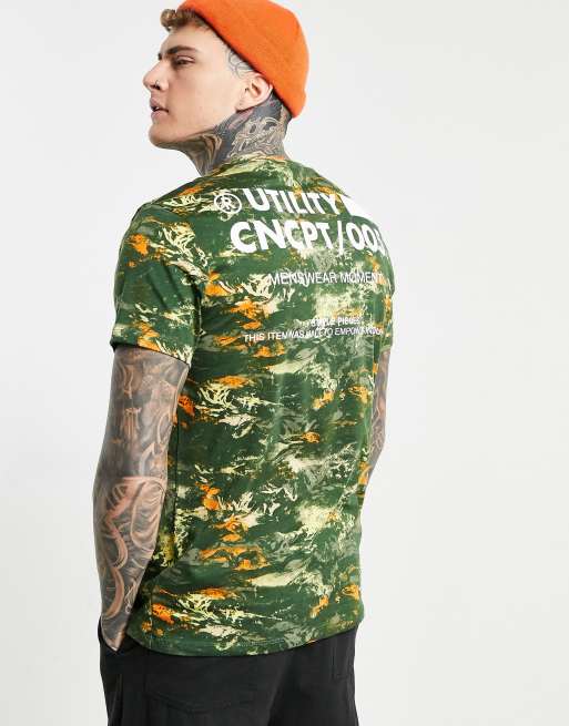 Bershka - T-shirt à motif camouflage avec imprimé au dos et sur la poitrine