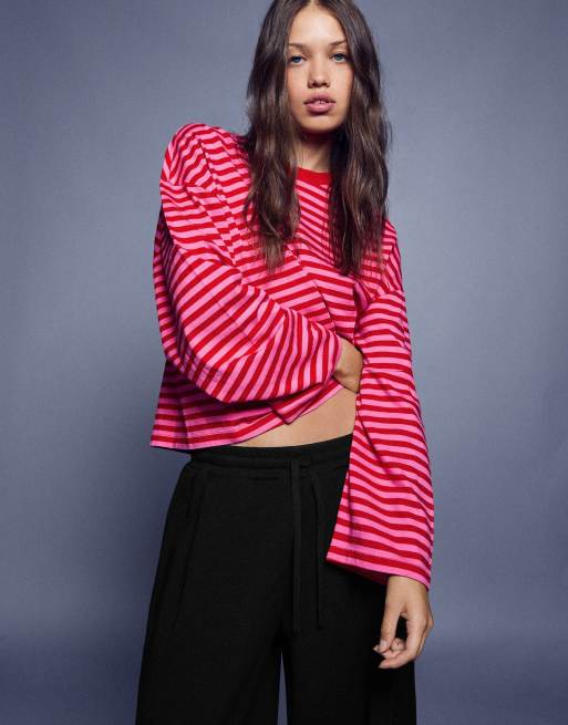 Bershka T-shirt a righe squadrata a maniche lunghe rosa, 2 di 5