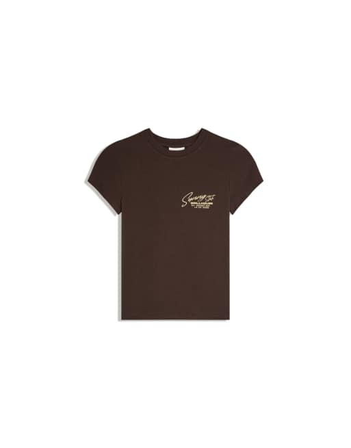 Bershka - T-shirt aderente a maniche corte marrone con stampa, 5 di 5