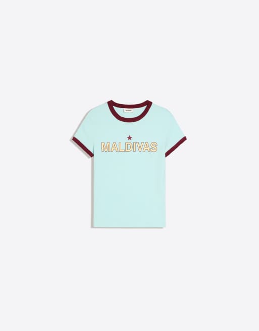 Bershka - T-shirt aderente blu denim con stampa a contrasto, 5 di 5