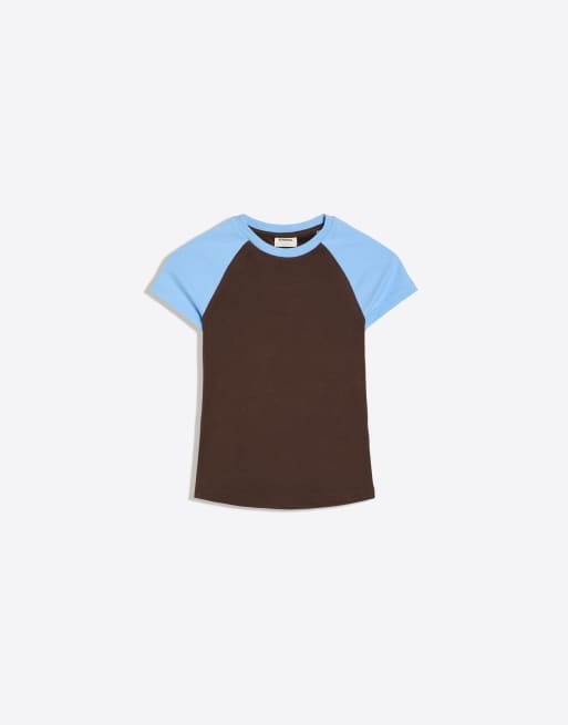 Bershka - T-shirt aderente marrone con maniche raglan, 5 di 5