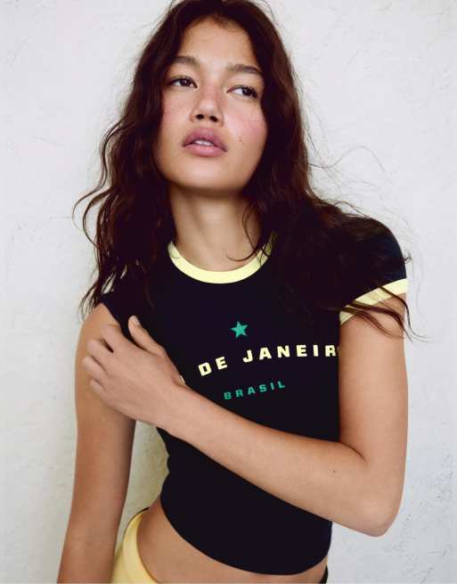 Bershka - T-shirt ajusté à imprimé contrasté - Bleu, 4 de 5