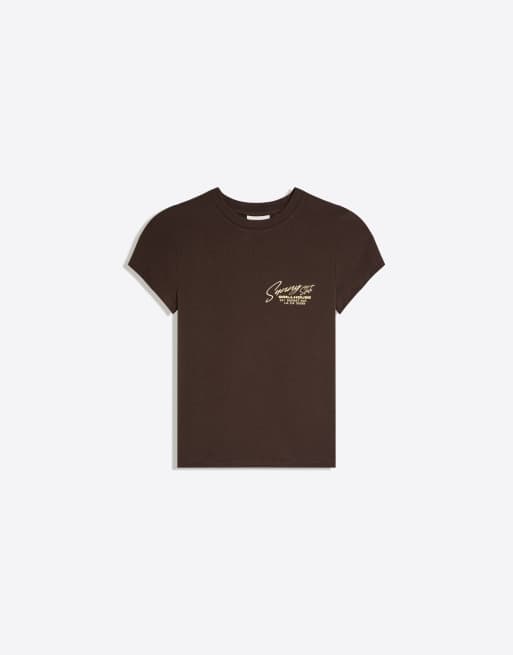 Bershka - T-shirt ajusté à manches courtes et imprimé - Marron, 4 de 5