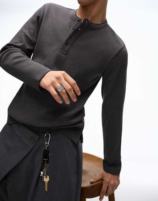 Bershka - T-shirt ajusté à manches longues et col boutonné - Gris délavé, 4 de 4
