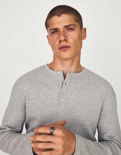 Bershka - T-shirt ajusté à manches longues et col tunisien - Gris clair, 2 de 4