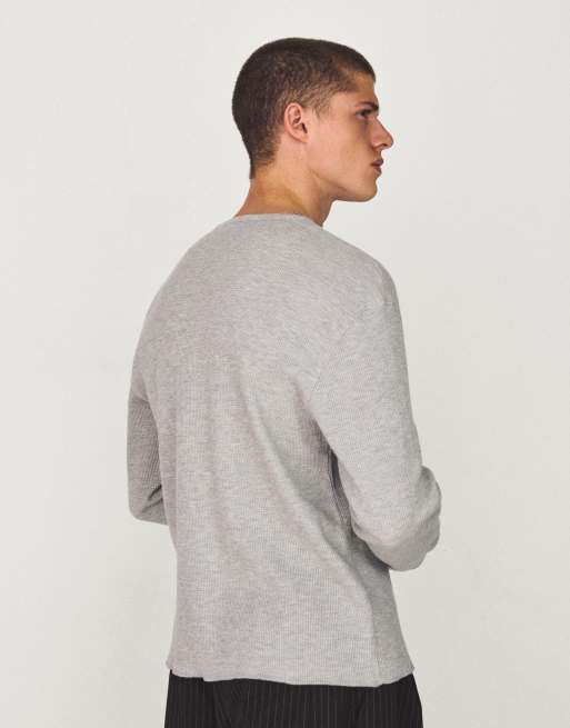Bershka - T-shirt ajusté à manches longues et col tunisien - Gris clair, 4 de 4