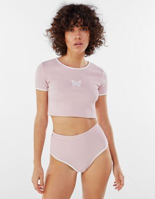 Bershka t-shirt and shorts pyjama set with butterfly motif in pink