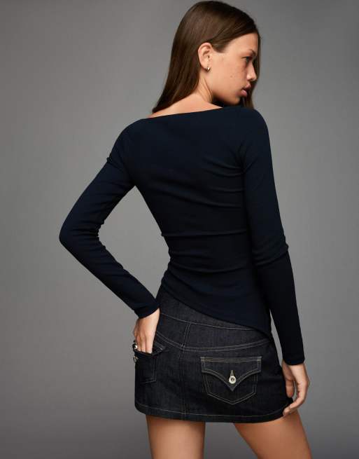 Bershka - T-shirt asymétrique à manches longues - Bleu marine, 2 de 4