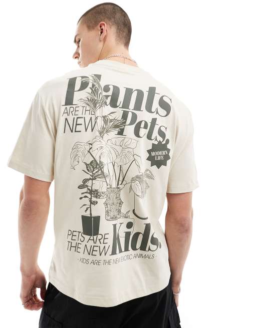 Bershka - T-shirt beige con stampa di piante sul retro, 3 di 4