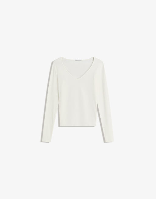 Bershka - T-shirt col V à manches longues - Blanc, 3 de 4