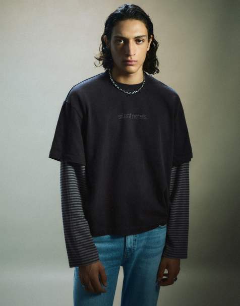 Bershka T-shirt con doppia manica e borchie grigia - view 1